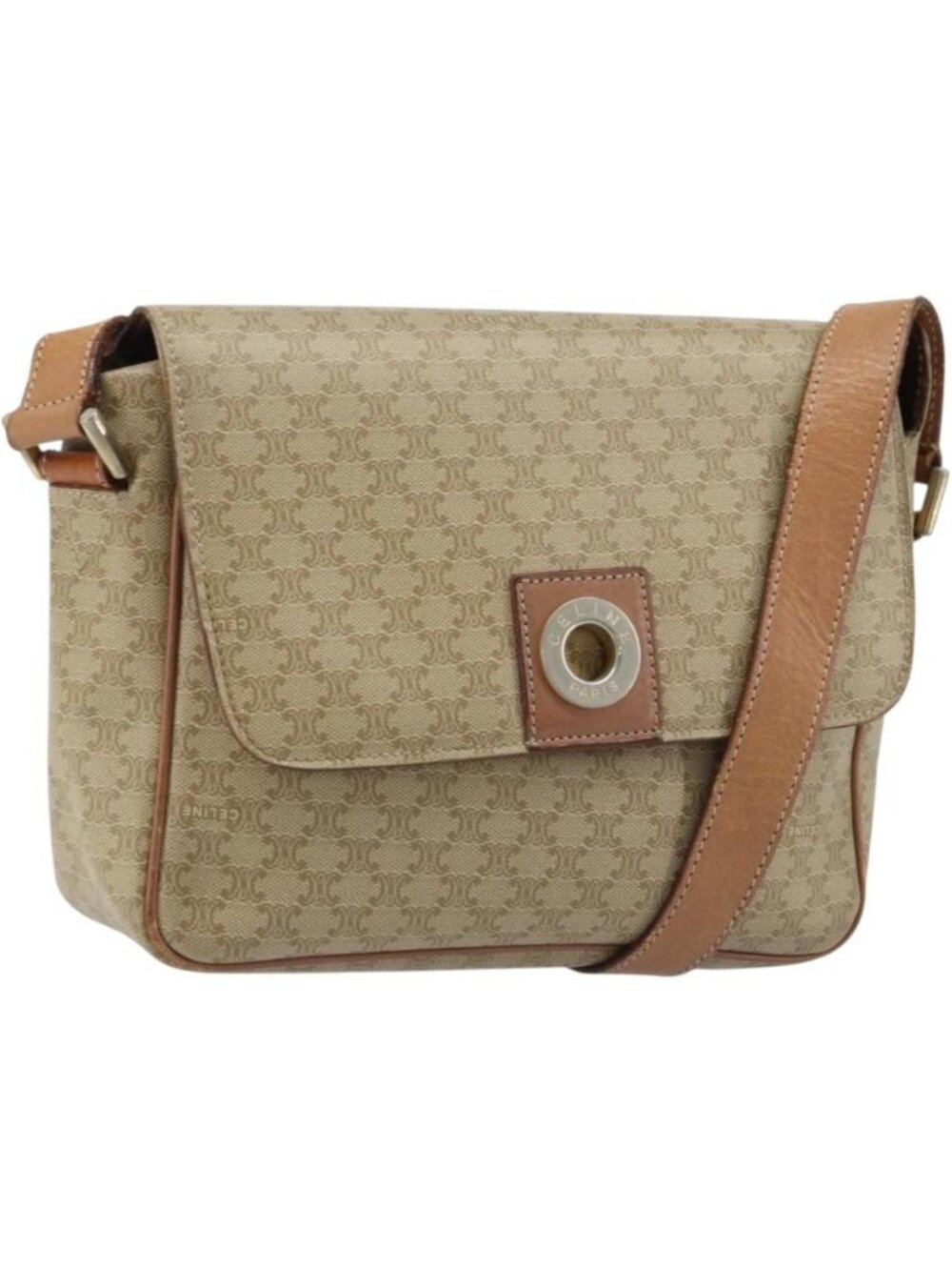 CELINE Macadam Canvas Shoulder Bag PVC Beige Gold